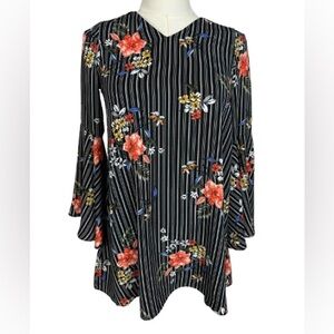 Nordstrom Black Striped Floral Tunic with Coral Accents Size M